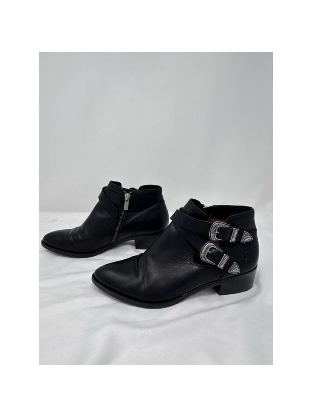 Frye Ray Western Shootie Boots Black Leather Stacked Heel Size 7